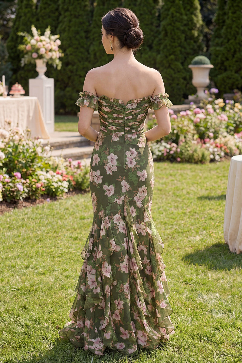 Load image into Gallery viewer, Mermaid Floral Dark Green Long Beach Wedding Guest Dress with Ruffles