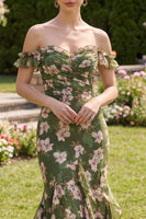 Load image into Gallery viewer, Mermaid Floral Dark Green Long Beach Wedding Guest Dress with Ruffles