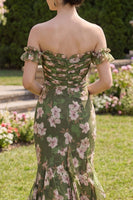Load image into Gallery viewer, Mermaid Floral Dark Green Long Beach Wedding Guest Dress with Ruffles