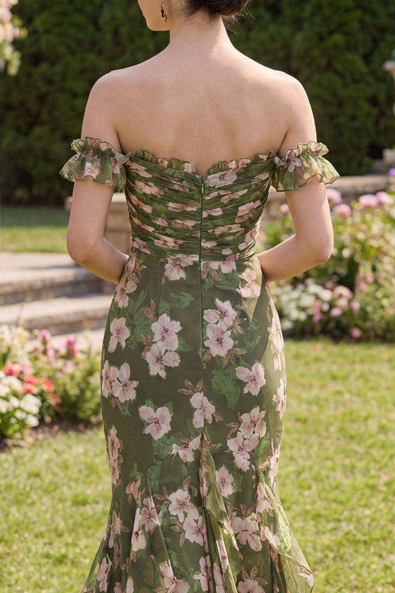 Load image into Gallery viewer, Mermaid Floral Dark Green Long Beach Wedding Guest Dress with Ruffles