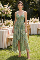 Load image into Gallery viewer, Dusty Green Ruched V-Neck Floral A Line High Low Beach Wedding Guest Dress with Ruffles