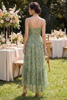Dusty Green Ruched V-Neck Floral A Line High Low Beach Wedding Guest Dress with Ruffles