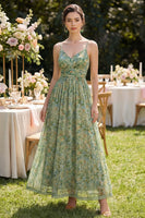 Load image into Gallery viewer, Dusty Green Spaghetti Straps Floral Ruched A Line Maxi Beach Wedding Guest Dress