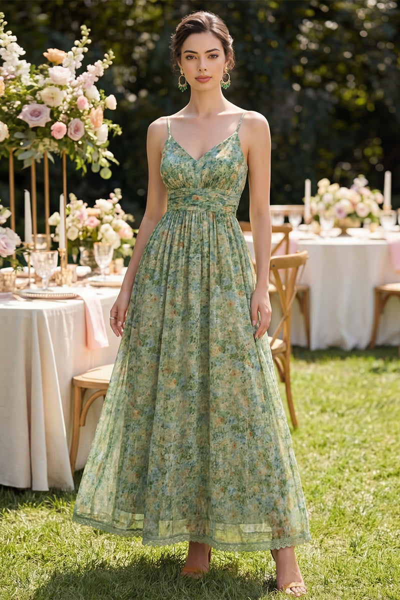 Load image into Gallery viewer, Dusty Green Spaghetti Straps Floral Ruched A Line Maxi Beach Wedding Guest Dress