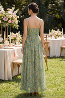 Load image into Gallery viewer, Dusty Green Spaghetti Straps Floral Ruched A Line Maxi Beach Wedding Guest Dress