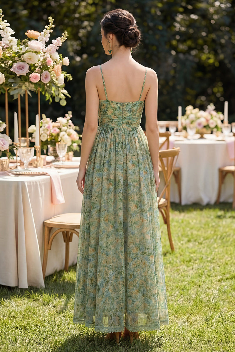 Load image into Gallery viewer, Dusty Green Spaghetti Straps Floral Ruched A Line Maxi Beach Wedding Guest Dress