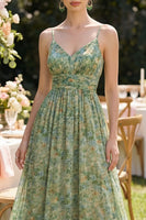 Load image into Gallery viewer, Dusty Green Spaghetti Straps Floral Ruched A Line Maxi Beach Wedding Guest Dress