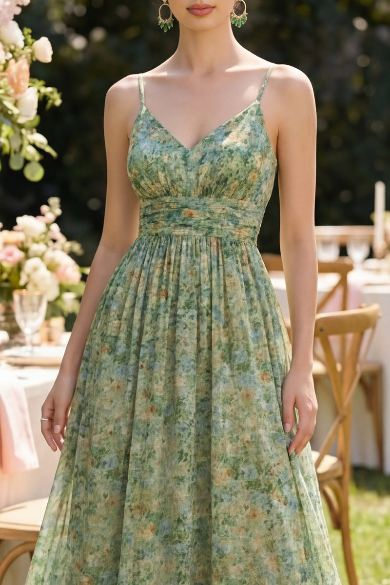 Load image into Gallery viewer, Dusty Green Spaghetti Straps Floral Ruched A Line Maxi Beach Wedding Guest Dress