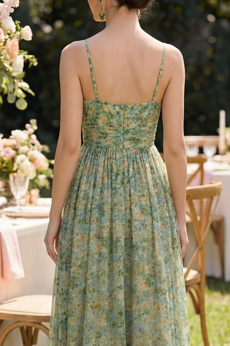 Load image into Gallery viewer, Dusty Green Spaghetti Straps Floral Ruched A Line Maxi Beach Wedding Guest Dress