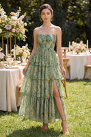Load image into Gallery viewer, Corset Dusty Green Floral Strapless A Line Maxi Beach Wedding Guest Dress with Ruffles