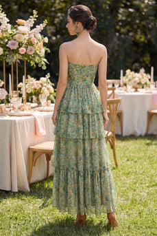 Corset Dusty Green Floral Strapless A Line Maxi Beach Wedding Guest Dress with Ruffles