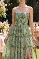 Load image into Gallery viewer, Corset Dusty Green Floral Strapless A Line Maxi Beach Wedding Guest Dress with Ruffles