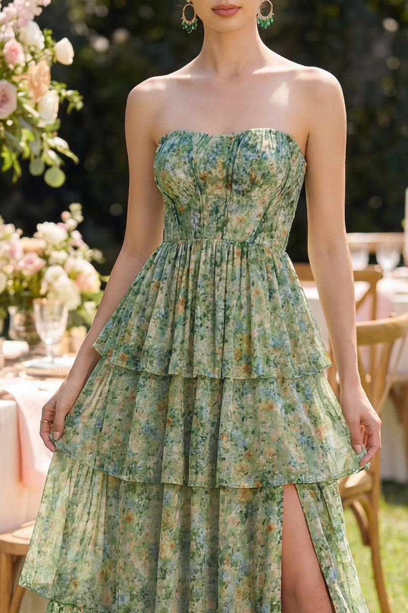 Load image into Gallery viewer, Corset Dusty Green Floral Strapless A Line Maxi Beach Wedding Guest Dress with Ruffles