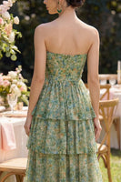 Load image into Gallery viewer, Corset Dusty Green Floral Strapless A Line Maxi Beach Wedding Guest Dress with Ruffles