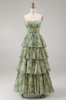 Load image into Gallery viewer, Corset Dusty Green Floral Strapless A Line Maxi Beach Wedding Guest Dress with Ruffles