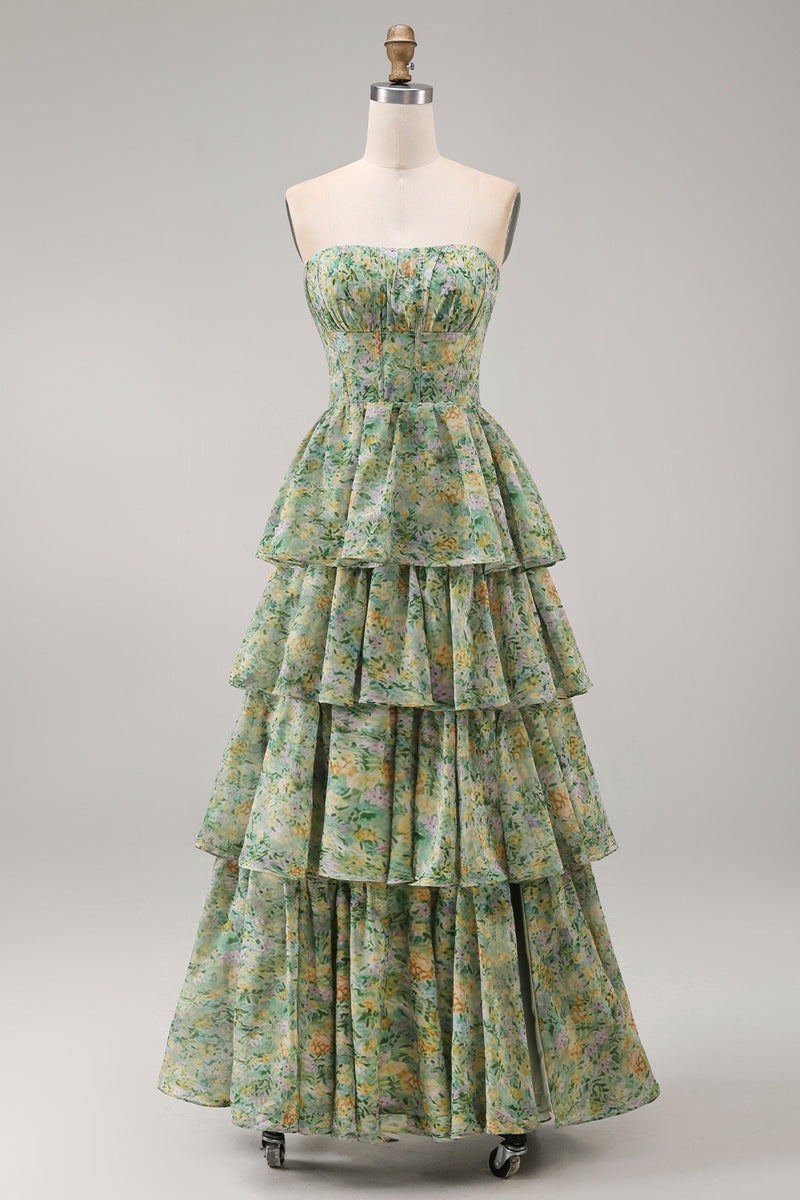 Load image into Gallery viewer, Corset Dusty Green Floral Strapless A Line Maxi Beach Wedding Guest Dress with Ruffles