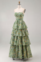 Load image into Gallery viewer, Corset Dusty Green Floral Strapless A Line Maxi Beach Wedding Guest Dress with Ruffles