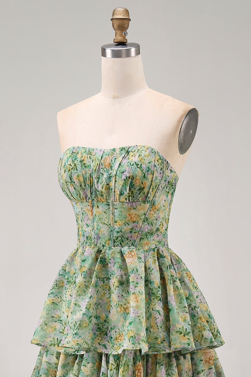 Load image into Gallery viewer, Corset Dusty Green Floral Strapless A Line Maxi Beach Wedding Guest Dress with Ruffles