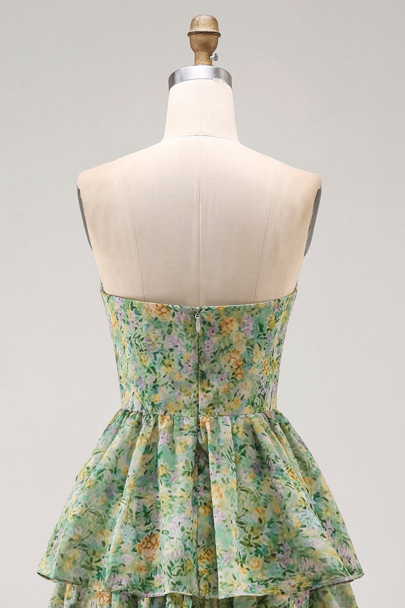 Load image into Gallery viewer, Corset Dusty Green Floral Strapless A Line Maxi Beach Wedding Guest Dress with Ruffles