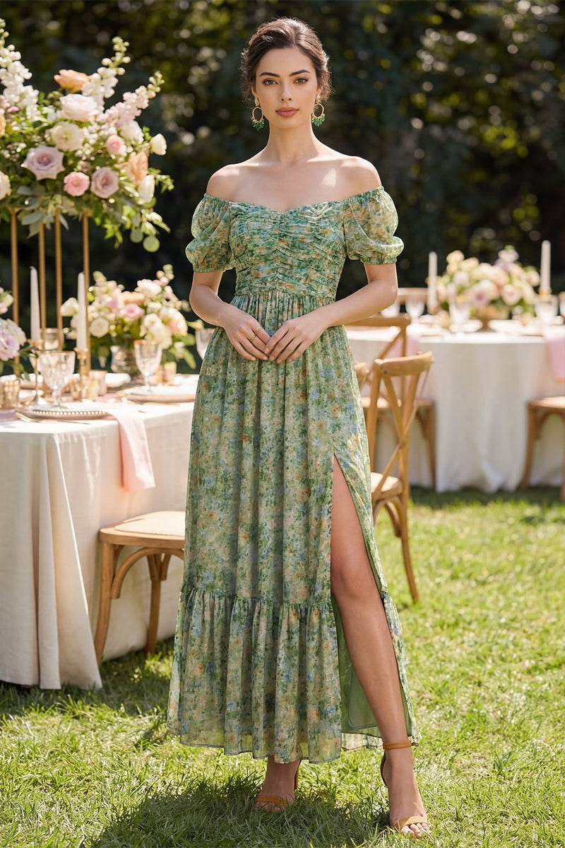 Load image into Gallery viewer, Puff Sleeves Floral Dusty Green Ruched A Line Maxi Beach Wedding Guest Dress with Slit