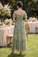 Load image into Gallery viewer, Puff Sleeves Floral Dusty Green Ruched A Line Maxi Beach Wedding Guest Dress with Slit