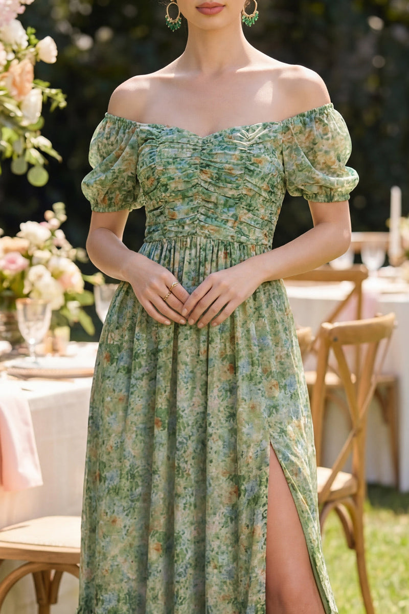 Load image into Gallery viewer, Puff Sleeves Floral Dusty Green Ruched A Line Maxi Beach Wedding Guest Dress with Slit