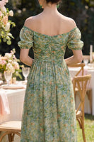 Load image into Gallery viewer, Puff Sleeves Floral Dusty Green Ruched A Line Maxi Beach Wedding Guest Dress with Slit