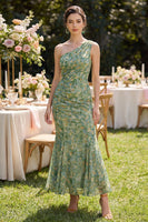 Load image into Gallery viewer, Floral Mermaid Dusty Green Ruched One Shoulder Maxi Beach Wedding Guest Dress