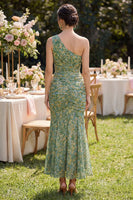 Load image into Gallery viewer, Floral Mermaid Dusty Green Ruched One Shoulder Maxi Beach Wedding Guest Dress