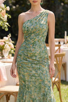 Load image into Gallery viewer, Floral Mermaid Dusty Green Ruched One Shoulder Maxi Beach Wedding Guest Dress