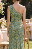 Load image into Gallery viewer, Floral Mermaid Dusty Green Ruched One Shoulder Maxi Beach Wedding Guest Dress