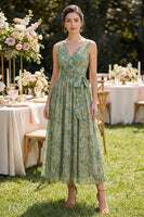 Load image into Gallery viewer, V-Neck Dusty Green Floral Ruched A Line Maxi Beach Wedding Guest Dress with Bow