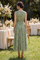 Load image into Gallery viewer, V-Neck Dusty Green Floral Ruched A Line Maxi Beach Wedding Guest Dress with Bow