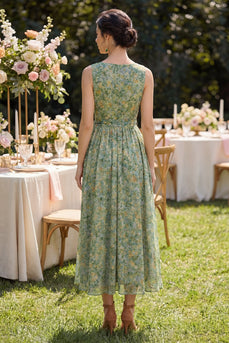 V-Neck Dusty Green Floral Ruched A Line Maxi Beach Wedding Guest Dress with Bow
