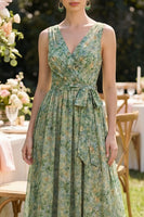 Load image into Gallery viewer, V-Neck Dusty Green Floral Ruched A Line Maxi Beach Wedding Guest Dress with Bow