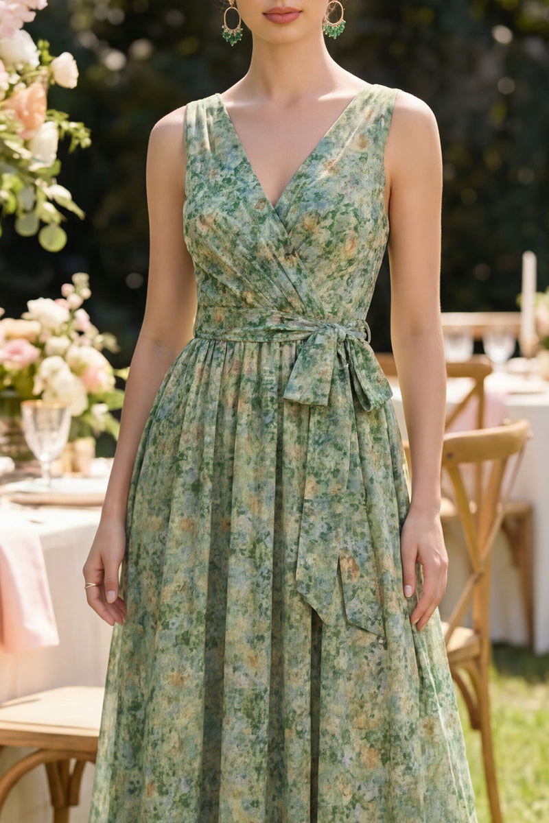 Load image into Gallery viewer, V-Neck Dusty Green Floral Ruched A Line Maxi Beach Wedding Guest Dress with Bow