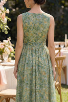 Load image into Gallery viewer, V-Neck Dusty Green Floral Ruched A Line Maxi Beach Wedding Guest Dress with Bow