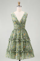 Load image into Gallery viewer, A Line V-Neck Dusty Green Floral Ruched Knee Length Beach Wedding Guest Dress with Ruffles
