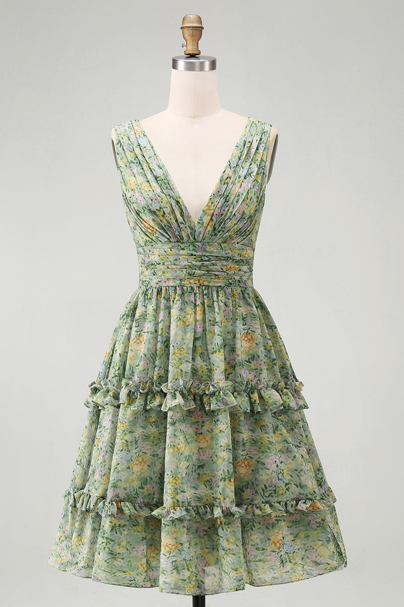 Load image into Gallery viewer, A Line V-Neck Dusty Green Floral Ruched Knee Length Beach Wedding Guest Dress with Ruffles