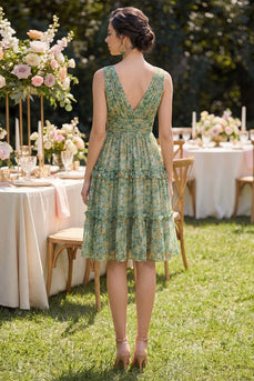 A Line V-Neck Dusty Green Floral Ruched Knee Length Beach Wedding Guest Dress with Ruffles