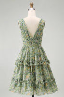 Load image into Gallery viewer, A Line V-Neck Dusty Green Floral Ruched Knee Length Beach Wedding Guest Dress with Ruffles