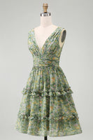 Load image into Gallery viewer, A Line V-Neck Dusty Green Floral Ruched Knee Length Beach Wedding Guest Dress with Ruffles