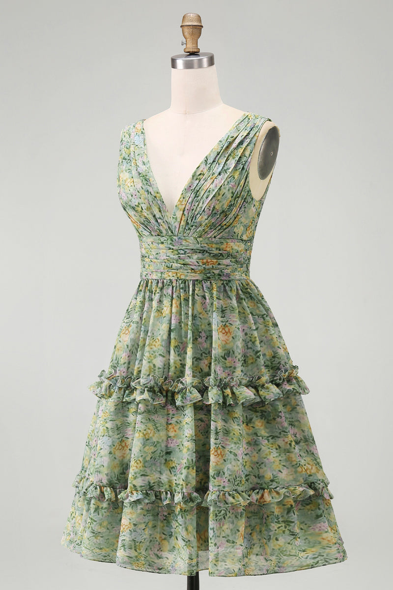 Load image into Gallery viewer, A Line V-Neck Dusty Green Floral Ruched Knee Length Beach Wedding Guest Dress with Ruffles