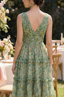 Load image into Gallery viewer, A Line V-Neck Dusty Green Floral Ruched Knee Length Beach Wedding Guest Dress with Ruffles