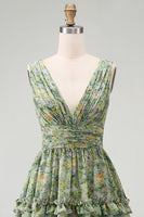 Load image into Gallery viewer, A Line V-Neck Dusty Green Floral Ruched Knee Length Beach Wedding Guest Dress with Ruffles