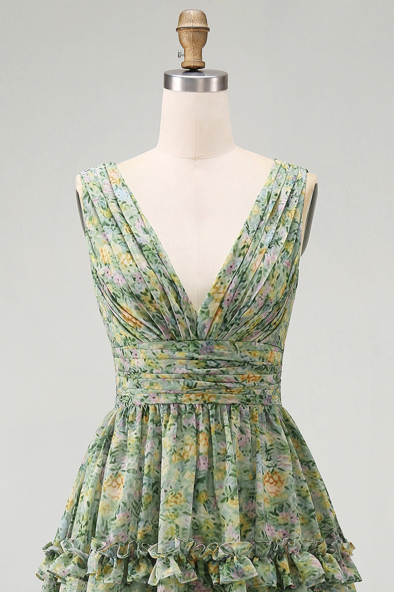 Load image into Gallery viewer, A Line V-Neck Dusty Green Floral Ruched Knee Length Beach Wedding Guest Dress with Ruffles