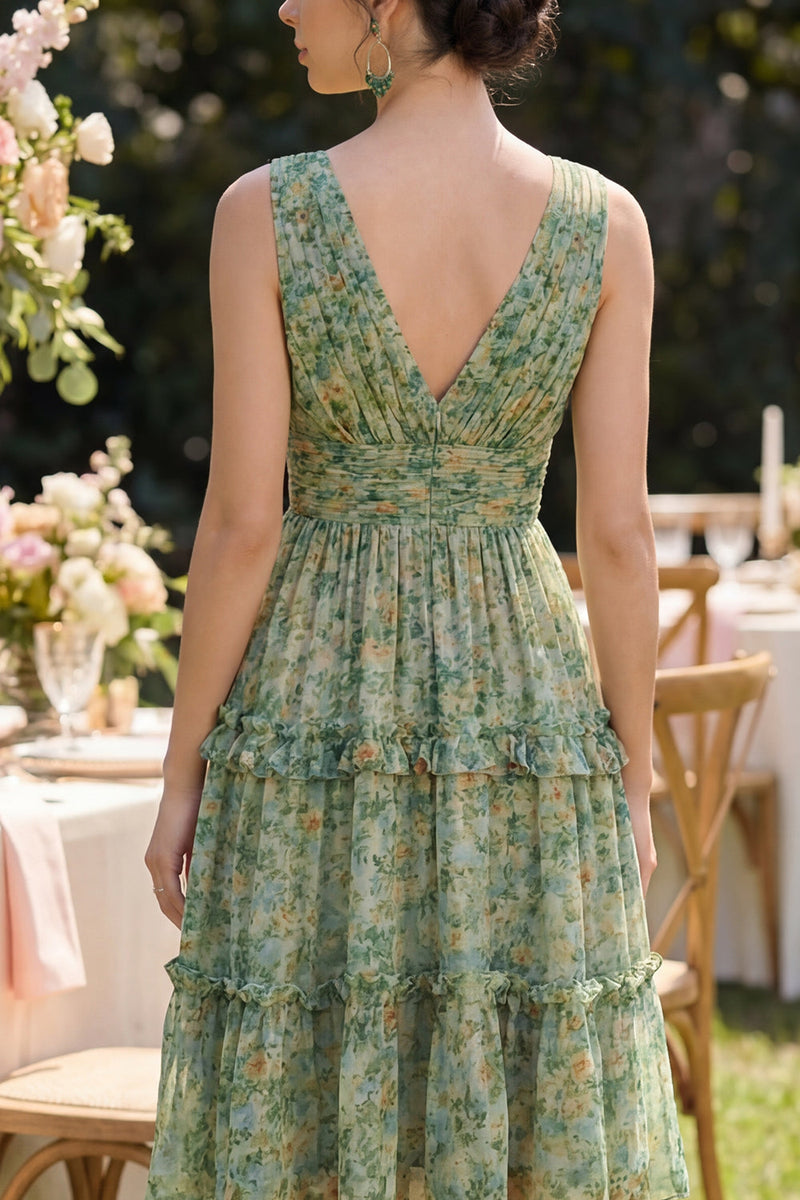 Load image into Gallery viewer, A Line V-Neck Dusty Green Floral Ruched Knee Length Beach Wedding Guest Dress with Ruffles