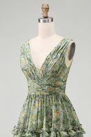 Load image into Gallery viewer, A Line V-Neck Dusty Green Floral Ruched Knee Length Beach Wedding Guest Dress with Ruffles
