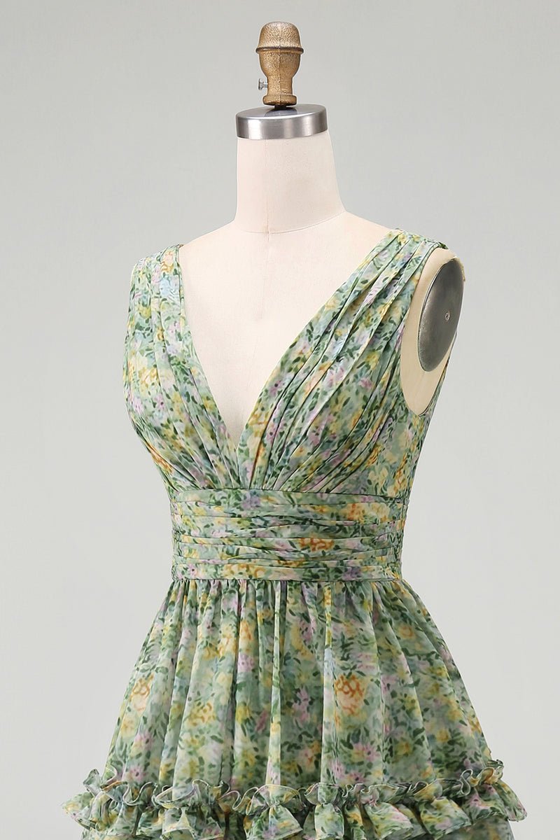Load image into Gallery viewer, A Line V-Neck Dusty Green Floral Ruched Knee Length Beach Wedding Guest Dress with Ruffles