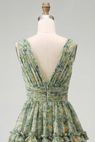 Load image into Gallery viewer, A Line V-Neck Dusty Green Floral Ruched Knee Length Beach Wedding Guest Dress with Ruffles